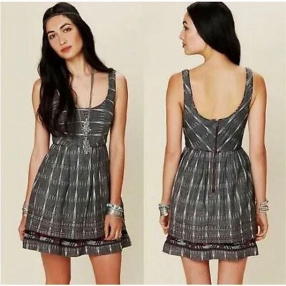 Free People New Romantics Midnight Grey Sleeveless Ikat Print Dress Sz 0 - Picture 1 of 10